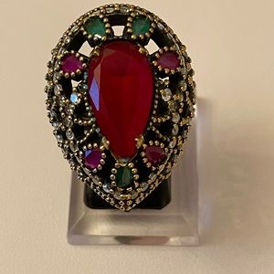 Vintage silver ring with ruby and emerald size 8